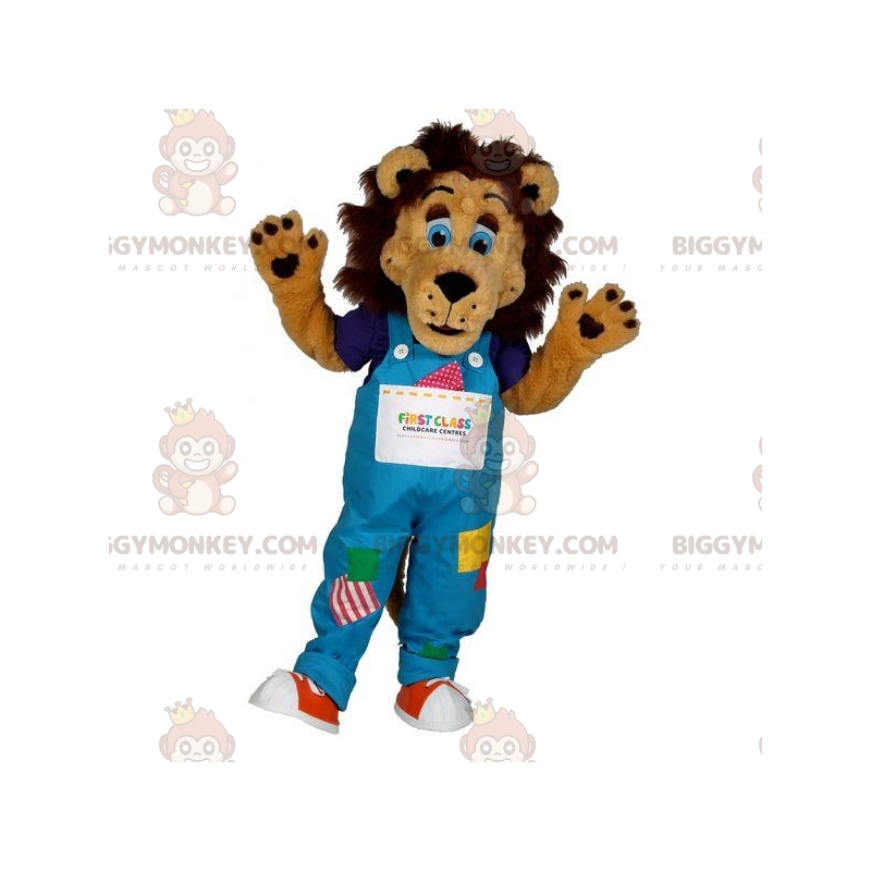 BIGGYMONKEY™ Brun løvemaskotkostume med farverige overalls -