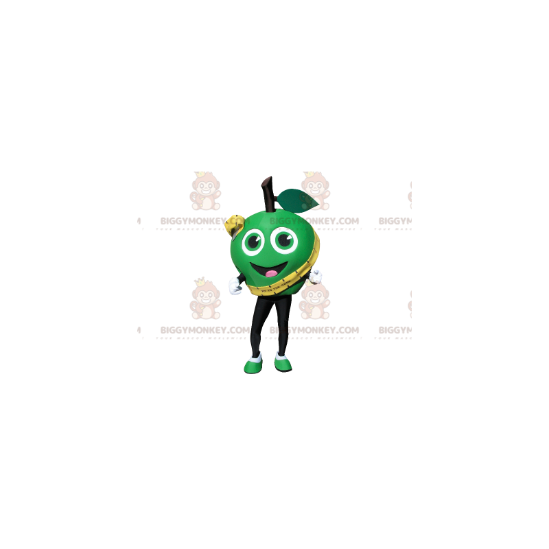 Traje de mascote BIGGYMONKEY™ de maçã verde muito sorridente.