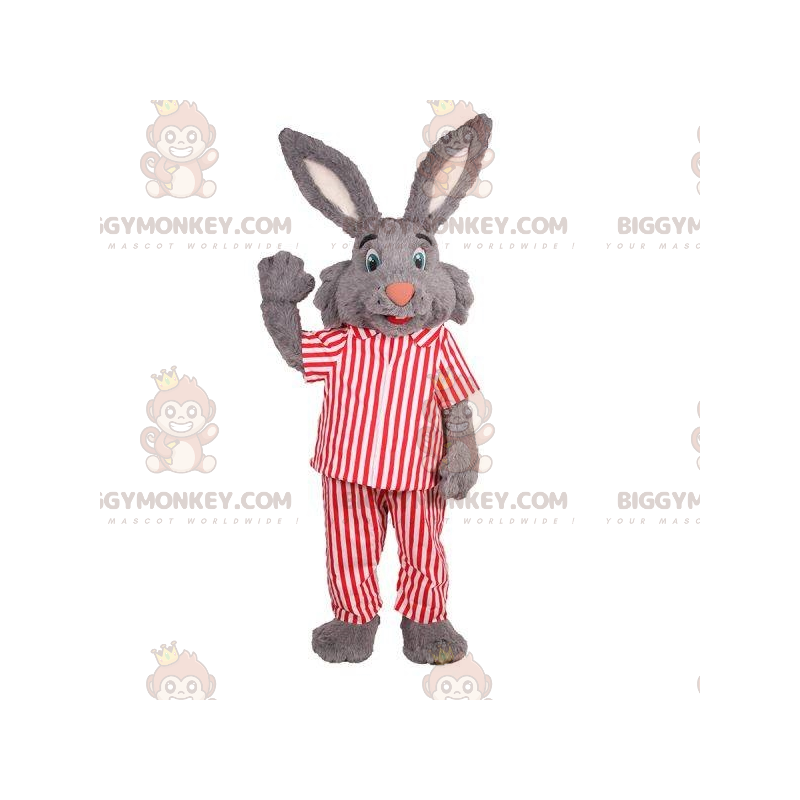 Costume de mascotte BIGGYMONKEY™ de lapin gris en pyjama à