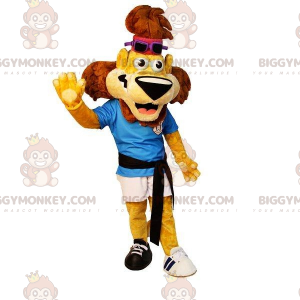 Traje de mascote BIGGYMONKEY™ Leão amarelo e marrom esportivo