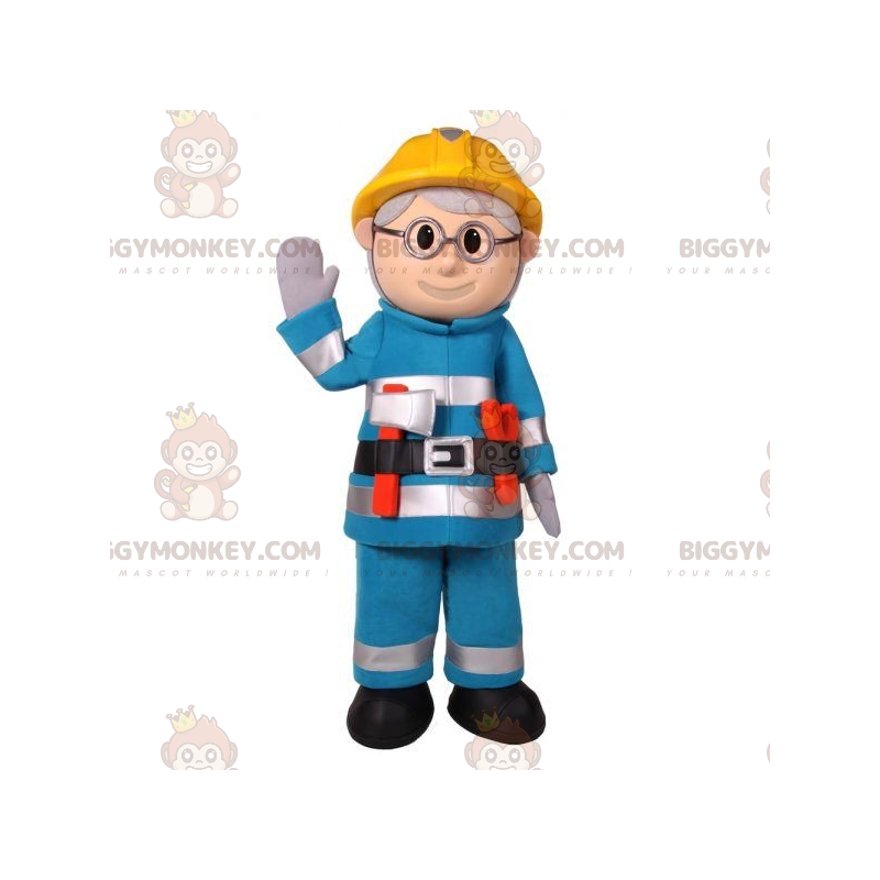 Traje de mascote BIGGYMONKEY™ de bombeiro trabalhador em roupa