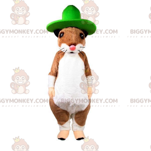 Brun och vit gnagarråtta BIGGYMONKEY™ maskotdräkt med grön hatt