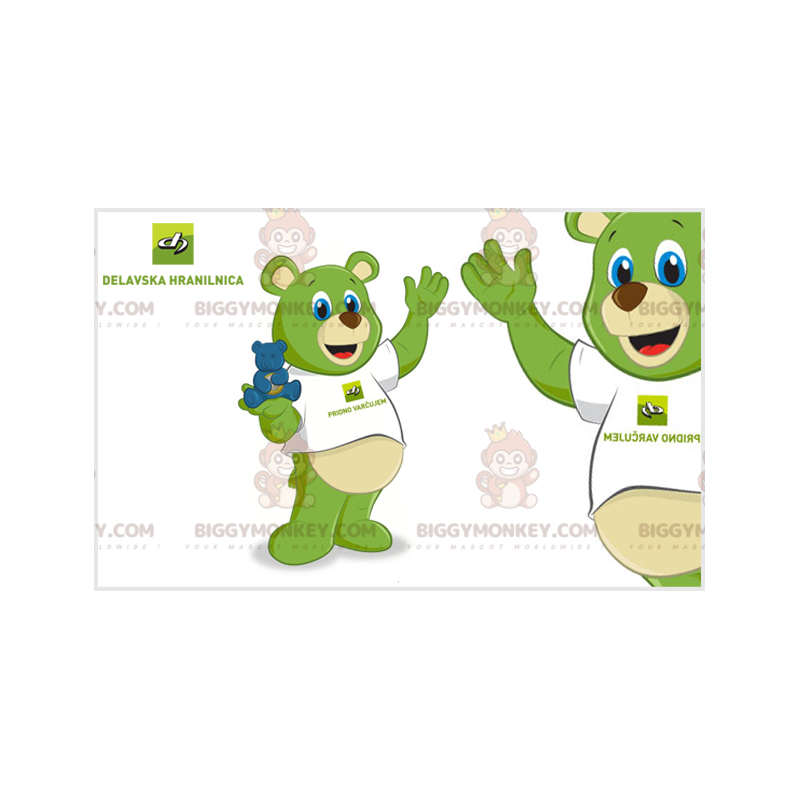 BIGGYMONKEY™ mascot costume of green teddy bear with blue eyes.