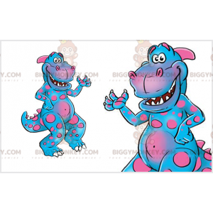 Traje de mascote engraçado e colorido de dinossauro rosa e azul