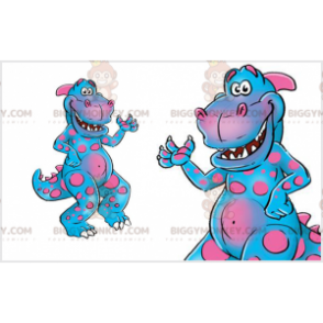 Vtipný a barevný růžový a modrý kostým maskota dinosaura