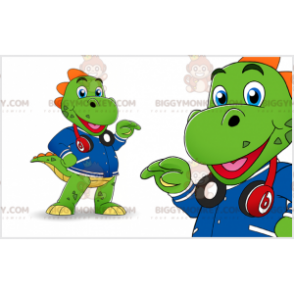 Costume da mascotte BIGGYMONKEY™ da dinosauro verde con cuffie