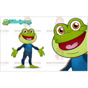 Traje de mascote de sapo verde BIGGYMONKEY™ com macacão azul –