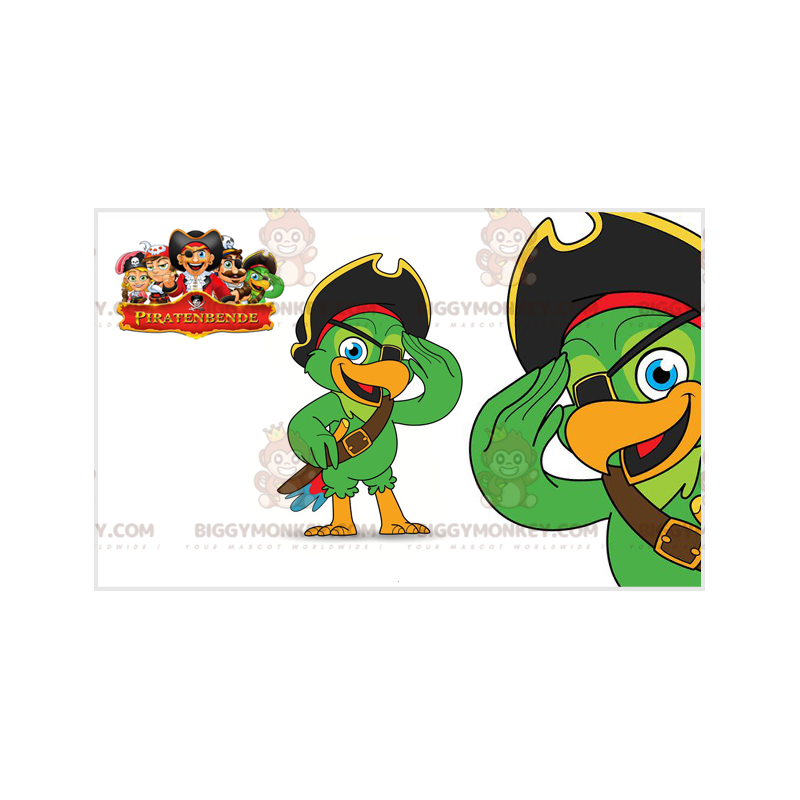 Grön papegoja BIGGYMONKEY™ maskotdräkt med ögonlapp och hatt -