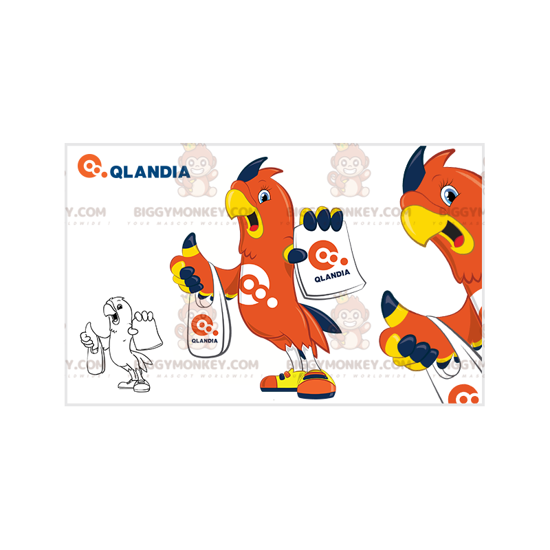 Kostým maskota BIGGYMONKEY™ Orange Blue and Yellow Bird Parrot