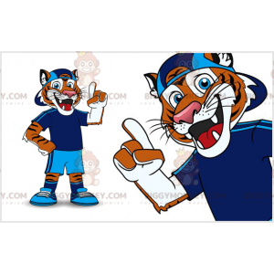 Oranje en witte tijger BIGGYMONKEY™ mascottekostuum in blauwe
