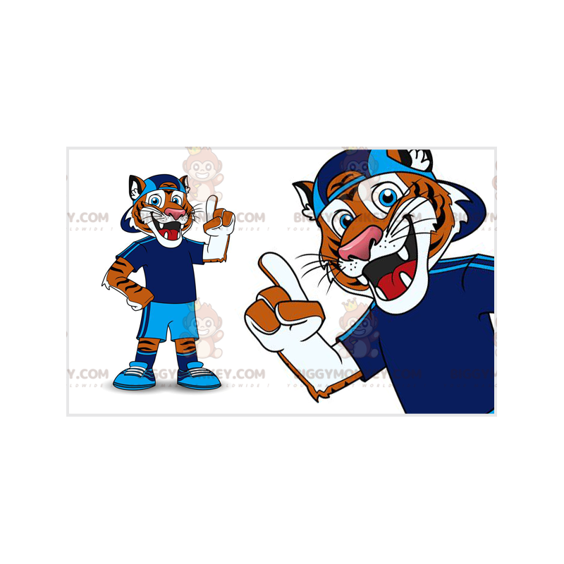 Orange och vit tiger BIGGYMONKEY™ maskotdräkt i blå sportkläder