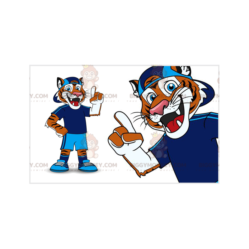 Oranje en witte tijger BIGGYMONKEY™ mascottekostuum in blauwe