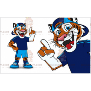 Kostým oranžovobílého tygra BIGGYMONKEY™ maskota v modrém