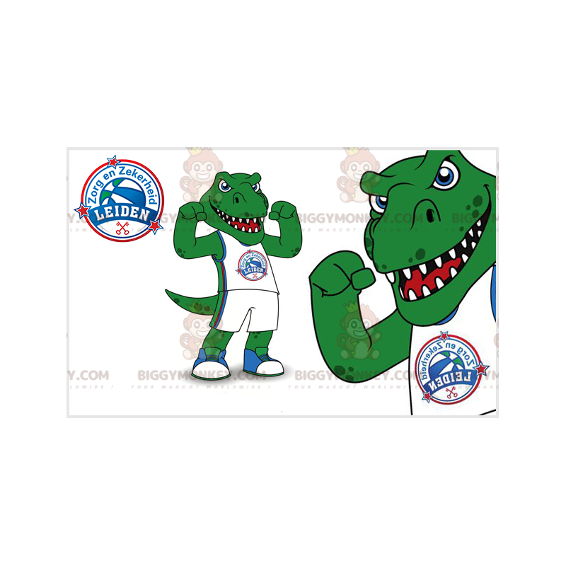Traje de mascote de dinossauro verde feroz e intimidante