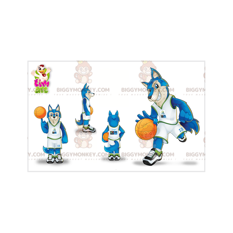 BIGGYMONKEY™ mascot costume of wolf in basketball outfit. blue
