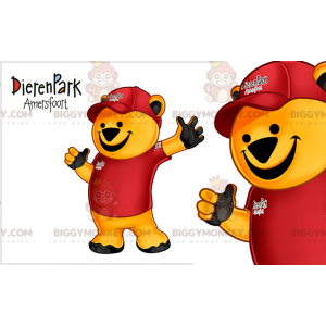 Στολή μασκότ κίτρινης αρκούδας BIGGYMONKEY™ ντυμένη με κόκκινη