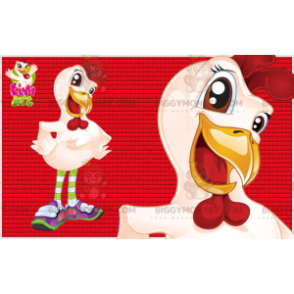 Vit och röd kycklinghöna BIGGYMONKEY™ maskotdräkt - BiggyMonkey