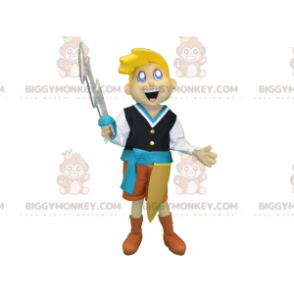 Traje de mascote menino loiro cavaleiro BIGGYMONKEY™ com espada