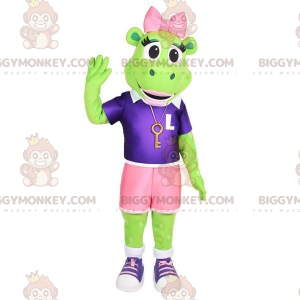 Green Frog BIGGYMONKEY™ Mascot Costume with Shorts and Pink Bow