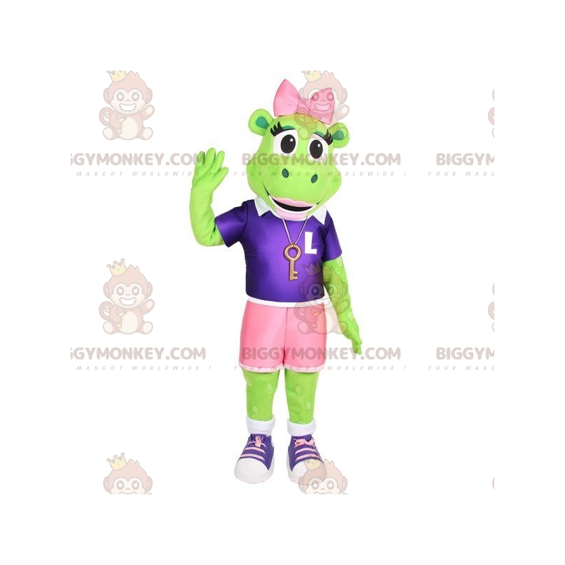 Traje de mascote Green Frog BIGGYMONKEY™ com shorts e laço rosa