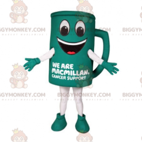 Traje de mascote de caneca verde gigante sorridente