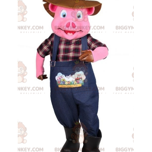 BIGGYMONKEY™ Pink Pig Mascot Costume Dressed As Farmer -