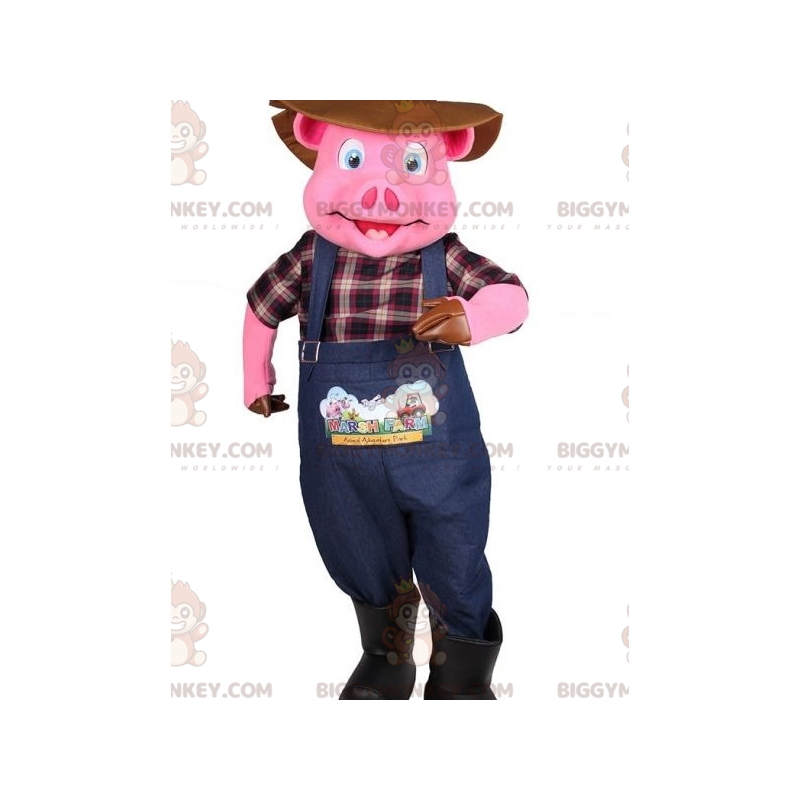 BIGGYMONKEY™ Pink grisemaskotkostume klædt ud som landmand -
