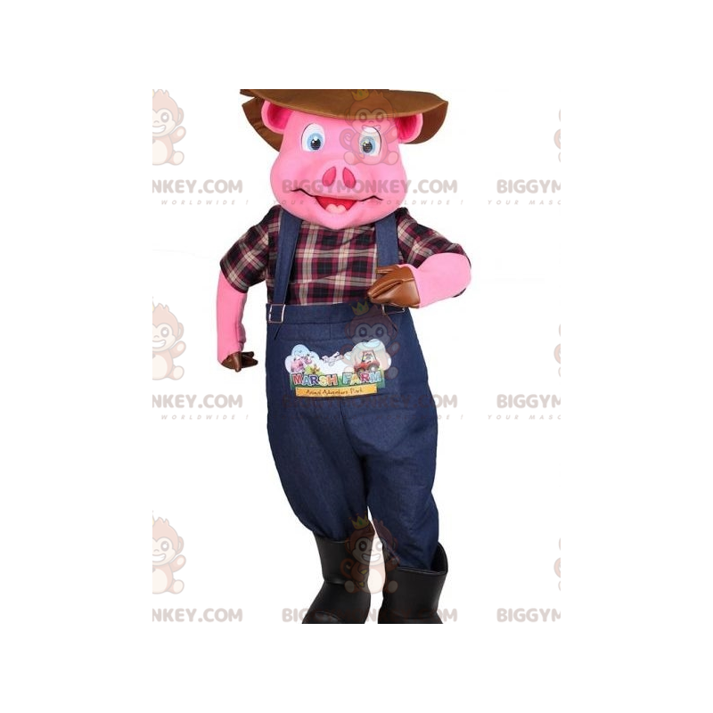 BIGGYMONKEY™ Pink Pig Mascot Costume Dressed As Farmer –