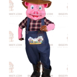 BIGGYMONKEY™ Pink Pig Mascot Costume Dressed As Farmer -