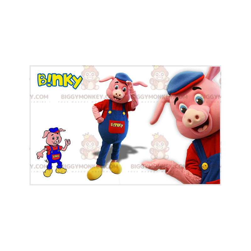 BIGGYMONKEY™ Costume da mascotte maiale rosa con tuta blu e