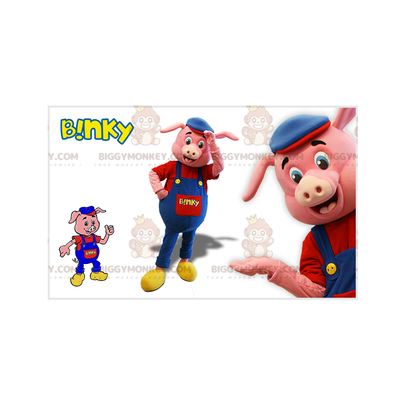 BIGGYMONKEY™ Pink Pig Mascot Costume with Blue Overalls and