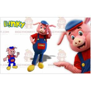 BIGGYMONKEY™ Pink Pig Mascot Costume with Blue Overalls and