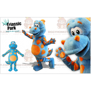 Traje de mascote de dinossauro gigante azul e laranja