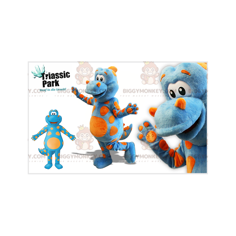 Traje de mascote de dinossauro gigante azul e laranja