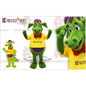 Traje de mascote BIGGYMONKEY™ Dragão verde e roxo com gravata