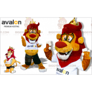 BIGGYMONKEY™ Mascot Costume Red and Yellow Lion with Big Belly