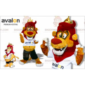 BIGGYMONKEY™ maskottiasu, punainen ja keltainen leijona isolla