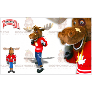 Costume de mascotte BIGGYMONKEY™ de caribou joueur de hockey.