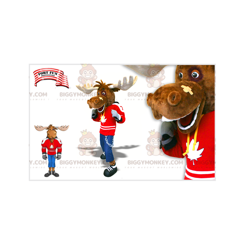 Costume de mascotte BIGGYMONKEY™ de caribou joueur de hockey.