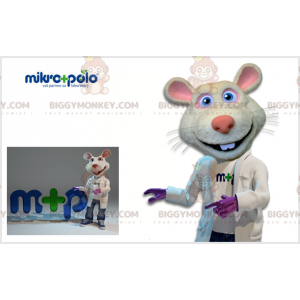 Traje de mascote BIGGYMONKEY™ de rato branco e rosa com casaco