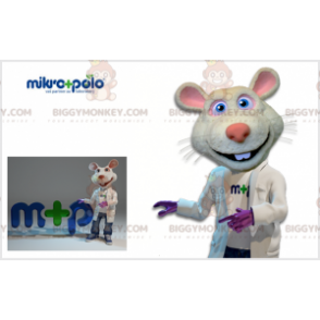 Traje de mascote BIGGYMONKEY™ de rato branco e rosa com casaco