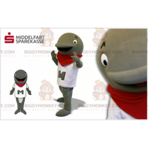 Grå delfin BIGGYMONKEY™ maskotdräkt med vit t-shirt och röd