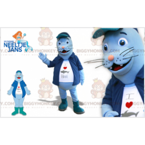 Blue sea lion BIGGYMONKEY™ mascot costume with jacket and big