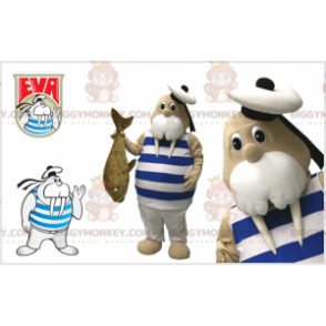 Walrus BIGGYMONKEY™-mascottekostuum met matrozenoutfit en grote