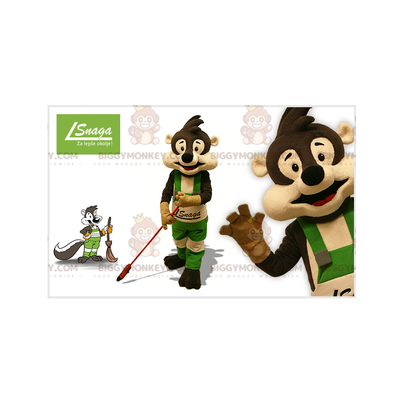 BIGGYMONKEY™ Mascot Costume Brown and Beige Raccoon with Broom