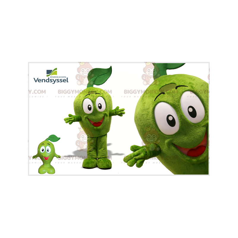 Disfraz de mascota BIGGYMONKEY™ de manzana verde muy sonriente.