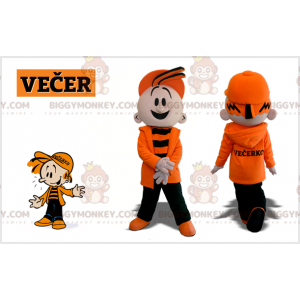 Κοστούμι μασκότ αγοριού BIGGYMONKEY™ ντυμένο σε πορτοκαλί και