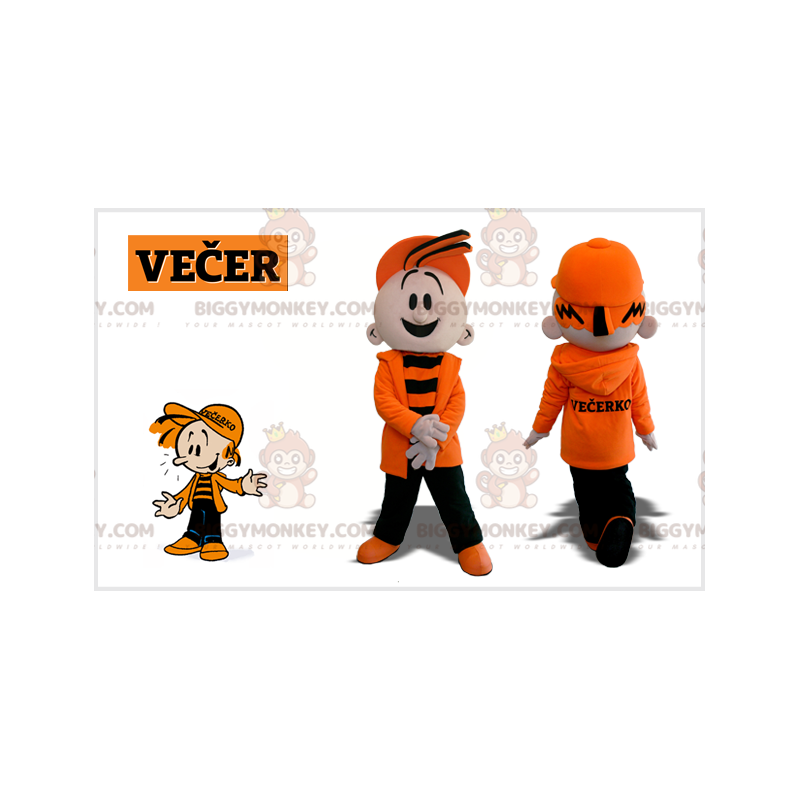 Småbarnspojke BIGGYMONKEY™ maskotdräkt klädd i orange och svart