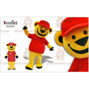BIGGYMONKEY™ maskotdräkt av gul nalle klädd i rött. gul