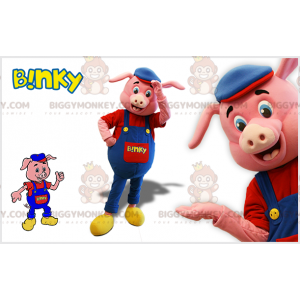 BIGGYMONKEY™ Costume da mascotte maiale rosa con tuta blu e